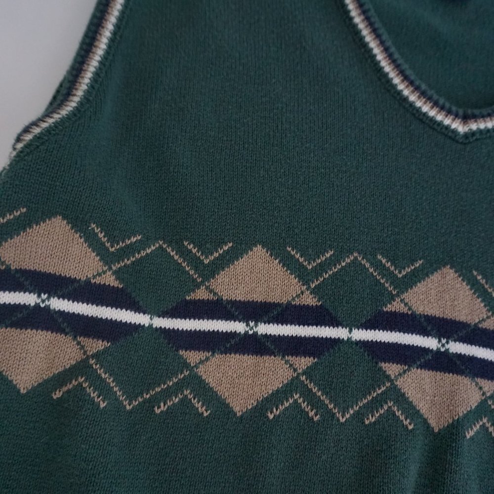 Vintage 90s Steve Strickland fairway sportswear green cotton knit v-neck Vest XL - Picture 6 of 8